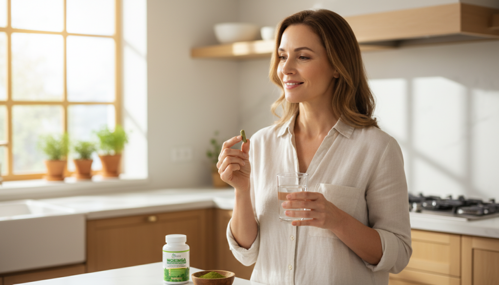 Woman taking moringa supplement capsule as part of her daily wellness routine