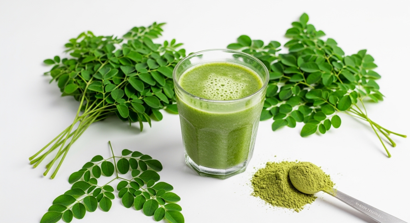 Fresh moringa leaves and moringa powder on a white background